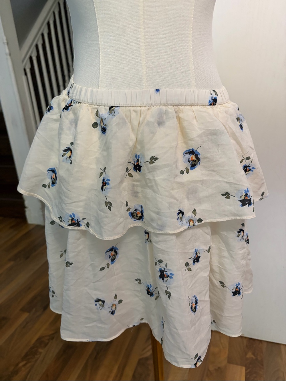 Girly cottagecore cream tiered full ruffle mini skirt with blue floral print, sm